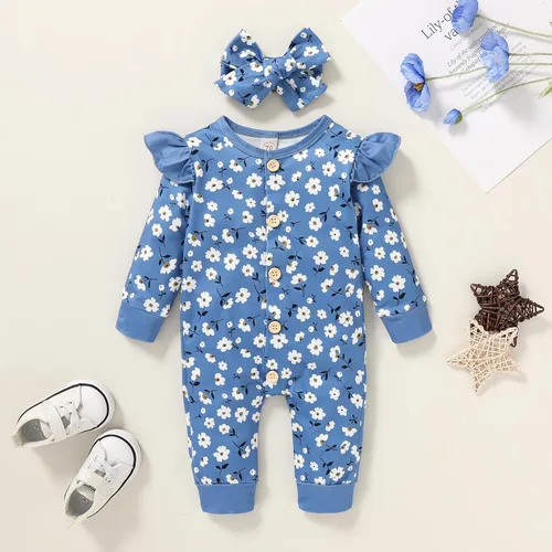 Vista 2 de CBHAIBLYD Ropa para bebé recién nacida, mameluco con volantes, manga larga, floral, traje de otoño con diadema