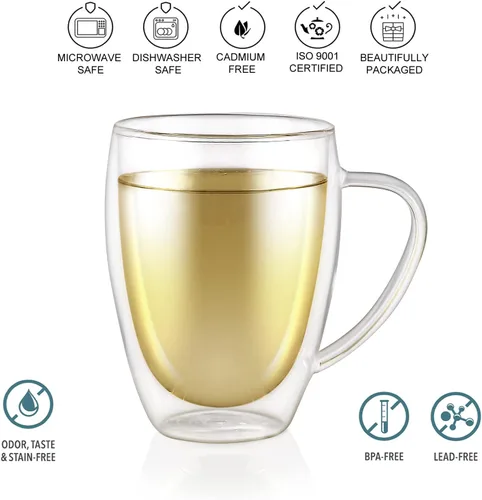 Vista 3 de Teabloom Vasos de doble pared, juego de 2 tazas de vidrio aisladas para té, café y más (12 onzas) - Colección Clear Bliss