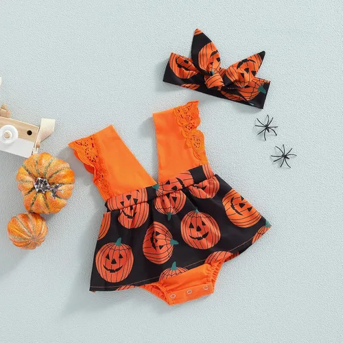 Vista 2 de Ropa de Halloween para bebé recién nacida, vestido de calabaza, sin mangas, cuello en V, diadema, Naranja