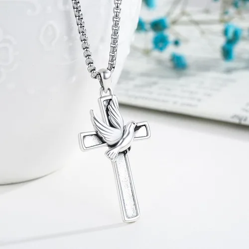 Vista 5 de Collar de cruz para mujeres y hombres de plata de ley 925 con colgante de paloma de la paz, joyería de fe regalo para niños cristianos, mamá hijo