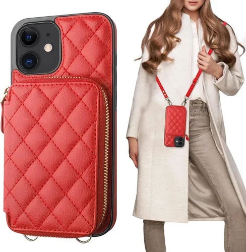 Vista 10 de Bocasal Funda tipo cartera cruzada para iPhone 12/12 Pro, bloqueo RFID, de piel sintética, con cremallera, bolso cartera con tapa plegable, funda