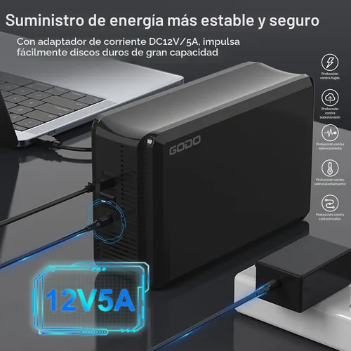 Vista 2 de GODO Caja de Acoplamiento de Disco Duro de 3.5 Pulgadas de Doble Bahía, USB3.0 a Carcasa Externa SATA de 3.5", RAID 0/1/JBOD/Modo PM, Estación