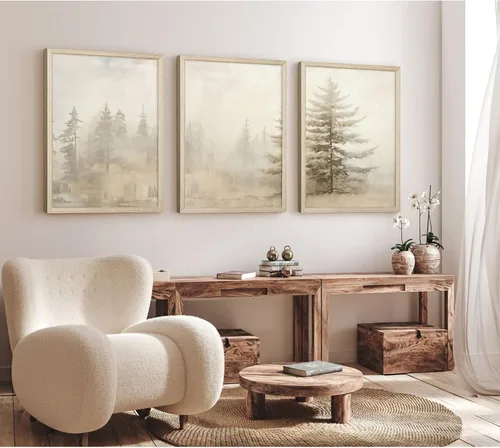 Vista 4 de Arte de pared de bosque brumoso, arte de pared de abeto, paisaje natural, lienzo, impresiones abstractas de bosques, pintura de granja, póster