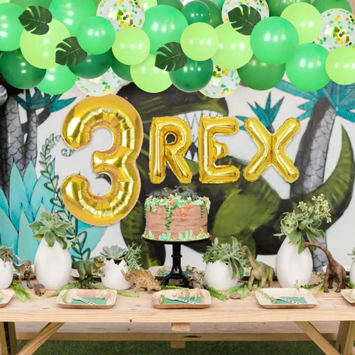 Vista 5 de Decoraciones de dinosaurio de tercer cumpleaños para niños, kit de guirnalda de globos de dinosaurio, 3 globos de aluminio REX, hojas artificiales