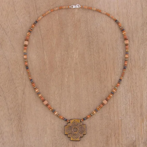 Vista 2 de NOVICA Collar con colgante de cuentas de cerámica hecho a mano con cruz de chakana de Perú sin piedra Inca 'Sun Chakana', Cerámica Plata esterlina