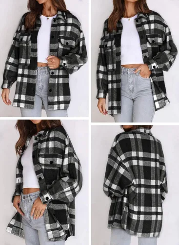 Vista 2 de Beaully Chaqueta-Camisa de Franela a Cuadros para Mujer, Trajes de Otoño 2025, Camisa de Manga Larga con Botones, Chaqueta Abrigo con Bolsillos Negro