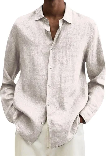 Vista 13 de EFOFEI Camisa de algodón y lino con botones para hombre, camisas casuales de manga larga, con solapa, color sólido