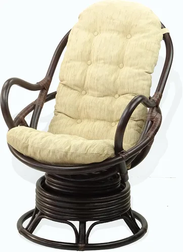 Vista 3 de Lounge Set de 2: mecedora giratoria Java silla de mimbre natural de ratán hecho a mano y krit otomano con cojín crema, marrón oscuro