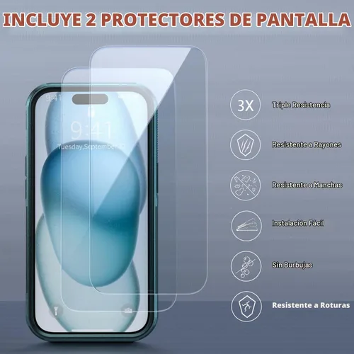 Vista 6 de Funda a prueba de golpes para iPhone 15, [protección contra caídas de grado militar de 15 pies], con 2 protectores de pantalla de vidrio templado