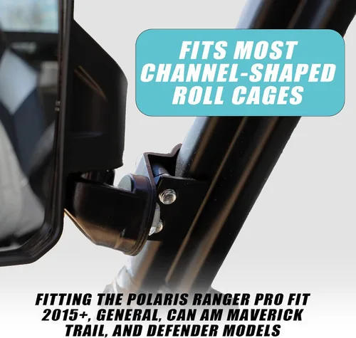 Vista 3 de Chupacabra Offroad Espejo lateral retrovisor para UTV (paquete de 2) Polaris Ranger Pro Fit/General/Defender Break Away con brazo ajustable