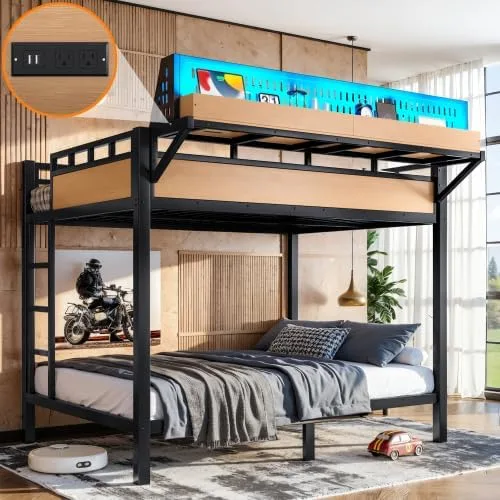 Vista 4 de Bellemave Litera de tamaño matrimonial con estantes de almacenamiento y tablero de clavijas, marco de cama de metal con puertos USB y luces LED