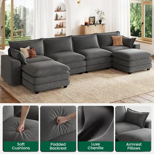 Vista 7 de Sofá de nube en forma de L de 118 pulgadas, sofá modular de gran tamaño con otomana móvil, cómodo sofá de felpilla de 4 plazas con asiento profundo