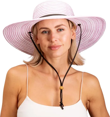 Vista 3 de Sloggers Sombrero de sol trenzado de ala ancha para mujer con cordón de viento, protección solar máxima UPF 50+ Marrón claro