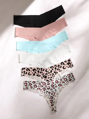 Vista 3 de Milumia Tangas sin costuras con estampado de leopardo para mujer, 6 piezas, ropa interior de tiro bajo