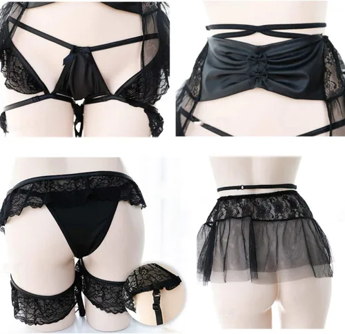 Vista 6 de Traje de encaje sexy para mujer, con correa de lencería de anime Lolita Cosplay