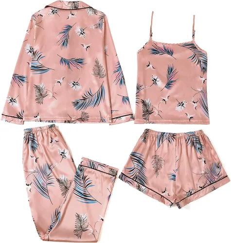 Vista 2 de LYANER Conjunto de pijama para mujer, 4 piezas, de seda satinada, con botones, ropa de descanso