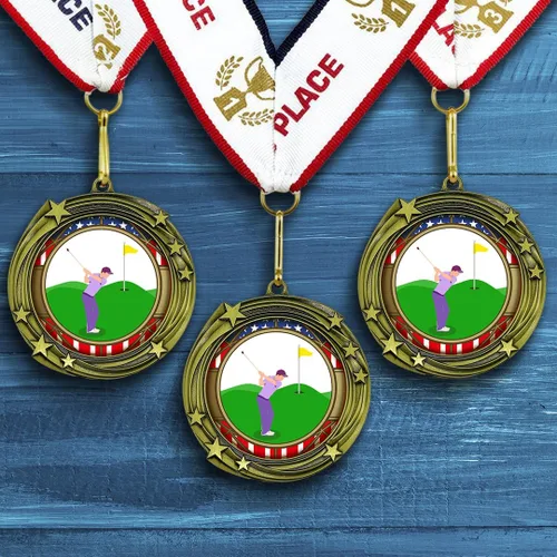 Vista 3 de All Quality Medalla de diseño de estrellas en remolino de golf - 1º, 2º, 3er lugar