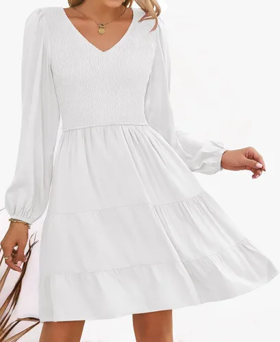 Vista 2 de ZESICA Minivestido casual con cuello en V y manga larga fruncida y cintura alta fruncida con volantes en línea A