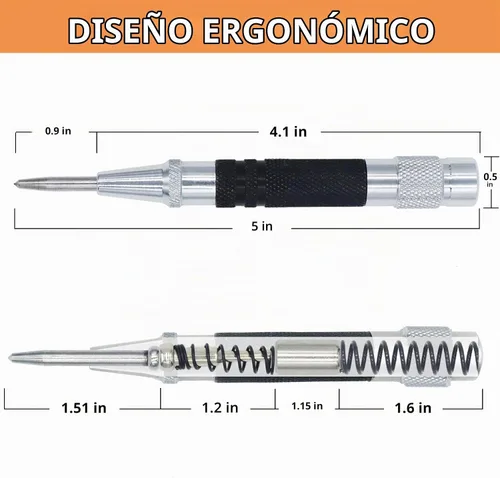 Vista 2 de Punzón central automático de 2 piezas, perforador central con resorte de 5 pulgadas con herramienta de perforación ajustable para metal, madera
