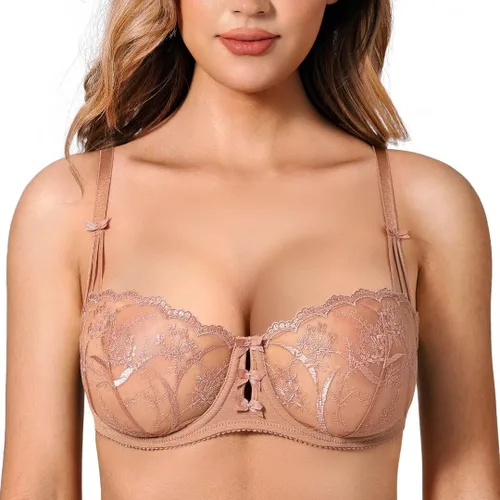 Vista 2 de Deyllo Sujetador de encaje Balconette para mujer, con aros, sin forro, transparente, sin relleno, transparente