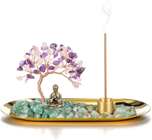 Vista 9 de Jovivi Soporte de incienso de cristal para palos, piedra de cristal curativo, árbol de dinero, juego de estatua de Buda, quemador de incienso