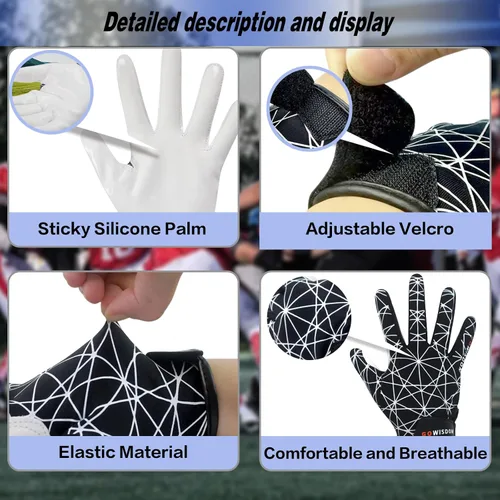 Vista 4 de Guantes de receptor de fútbol americano juvenil, guantes de fútbol americano con agarre de silicona para niños y niñas con Super Stick