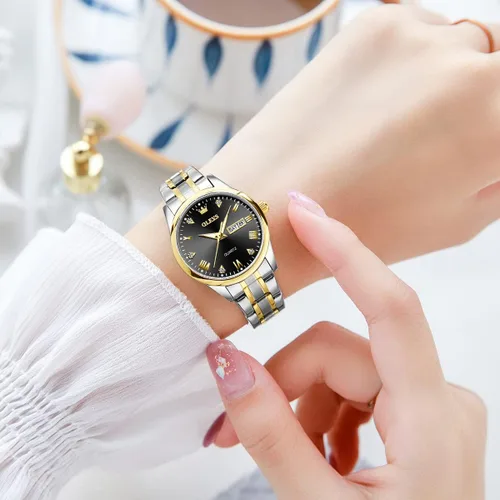 Vista 2 de OLEVS Reloj de pulsera analógico de cuarzo analógico de acero inoxidable para mujer de moda color dorado y plateado