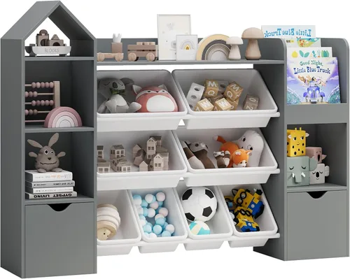 Vista 8 de Organizador de almacenamiento de juguetes para niños, estantería gris con 8 contenedores de juguetes extraíbles, organizadores de almacenamiento
