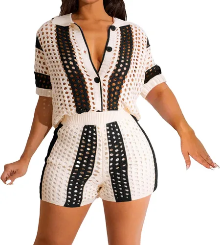 Vista 8 de VOIKERDR Crochet Sets Two Piece Women Hollow Out Shirt and Shorts Todo negro
