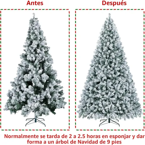 Vista 5 de Yaheetech - Árbol artificial de Navidad preiluminado de 9 pies con luces incandescentes de color blanco cálido, árbol de Navidad con flecos de Verde
