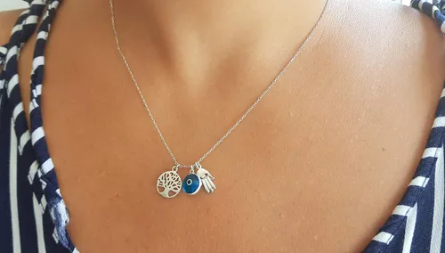 Vista 3 de MYSTIC JEWELS Collar de plata de ley 925 Tres símbolos, mano de Fátima y árbol de la vida y buenos símbolos, Mano de Fátima y árbol de la vida