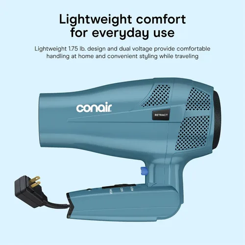 Vista 6 de Secador de pelo iónico Conair de 1875 W con mango plegable y guardacables, Azul Cable retráctil con mango plegable de doble voltaje de 1875 W