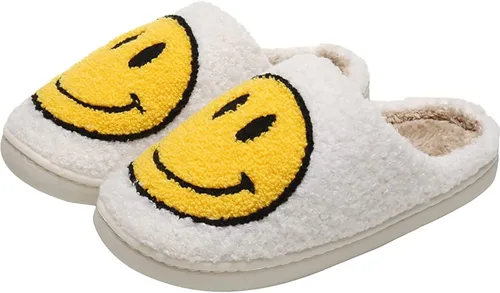 Vista 2 de PLMOKN Pantuflas para mujeres de interior y exterior, puntera abierta, mullidas, bonitas, con cara sonriente