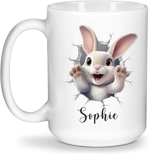 Vista 10 de Taza de viaje de cerámica personalizada de conejo, taza con nombre personalizado para los amantes de los conejos, taza de té con nombre temático