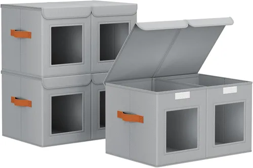 Vista 10 de Homsorout Contenedores grandes de almacenamiento para armario, organizador de ropa plegable dividido con tapas y doble ventana, contenedores Beige