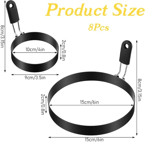 Vista 2 de Juego de 8 anillos de huevo de 3.5 pulgadas, molde para panqueques de 6 pulgadas con mango de silicona, anillo de huevo para panqueques, moldes