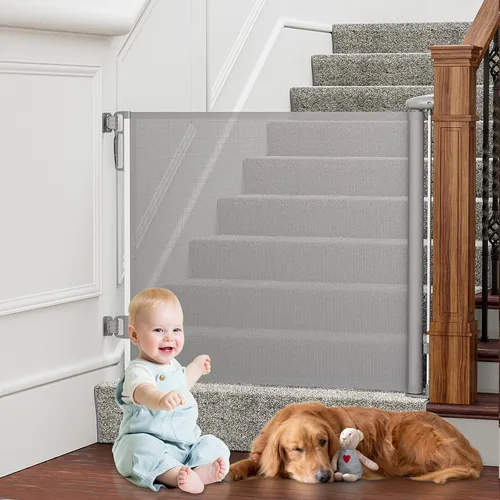 Vista 9 de Puertas de bebé retráctiles sin perforación, PRObebi puerta retráctil para perros para la casa, se extiende a 54" de ancho, 33" de alto, puertas