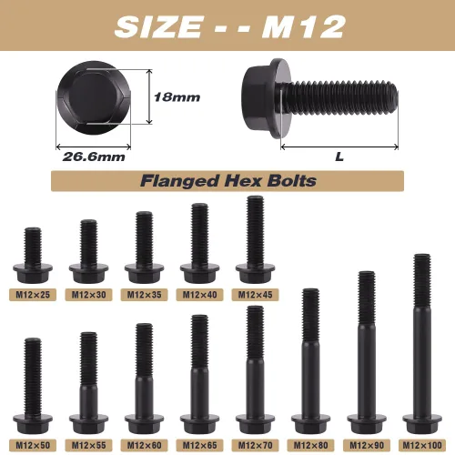 Vista 6 de M12-1.75 x 25 mm (8 piezas) Tornillos de perno hexagonal con brida acabado de óxido negro, grado 10.9 de acero de aleación, perno de cabeza