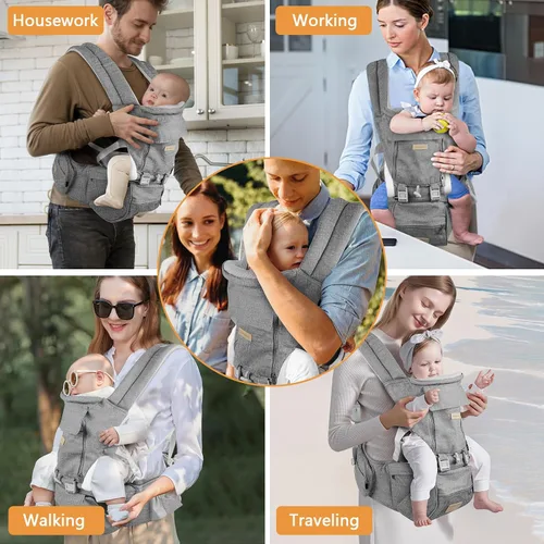 Vista 6 de Portabebés para recién nacidos a niños pequeños con asiento de cadera, suave 6 en 1 ergonómico para todas las posiciones, portabebés de 7-33 libras