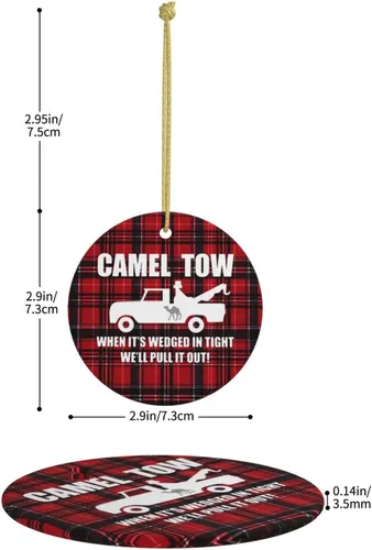 Vista 4 de Camel Towing When It's Wedged in Tight We'll Pull It Out Árbol de Navidad colgante cerámica redondo adornos de Navidad decoración del hogar