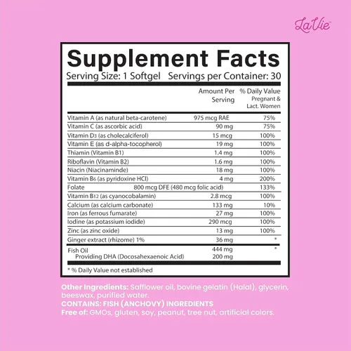 Vista 6 de LaVie Vitaminas prenatales con jengibre, DHA, ácido fólico y hierro, imprescindibles para el embarazo para el desarrollo cerebral y corporal