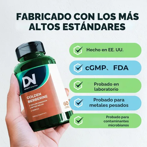 Vista 5 de Divinity Nutra Suplemento de berberina dorada 4 en 1 con canela, melón amargo ginkgo de Ceilán, 60 cápsulas fabricadas en Estados Unidos