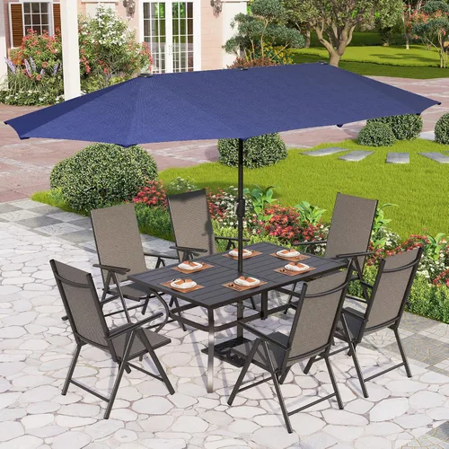 Vista 22 de PHI VILLA Juego de comedor de patio de 5 piezas con sombrilla de 10 pies (beige), juego de mesa y sillas para exteriores con sillas de comedor