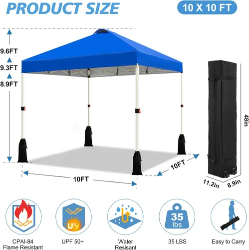 Vista 5 de WEIZE 10x10 Pop Up Canopy Tent, 1-Button Push Setup Canopy Tent, Adjustable Height Instant Portable Shelter, Portable Roller Bag, Easy Outdoor Sun