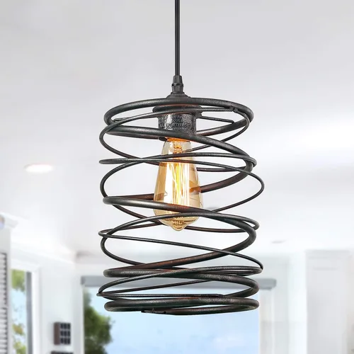 Vista 5 de LNC Iluminación colgante, lámpara de techo rústica de jaula de óxido para isla de cocina