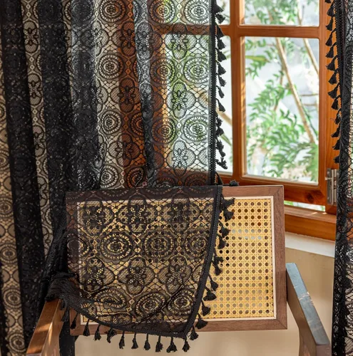 Vista 51 de YJ YANJUN - Cortinas de café boho, 24 pulgadas de largo, 2 paneles, cada una de 59" de ancho x 24" de largo, beige, con crochet, cortinas de cocina