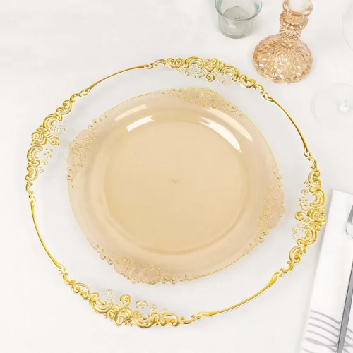 Vista 13 de Paquete de 10 platos redondos de plástico barroco dorado de 8 pulgadas para ensalada de postre, vajilla desechable con borde dorado en relieve
