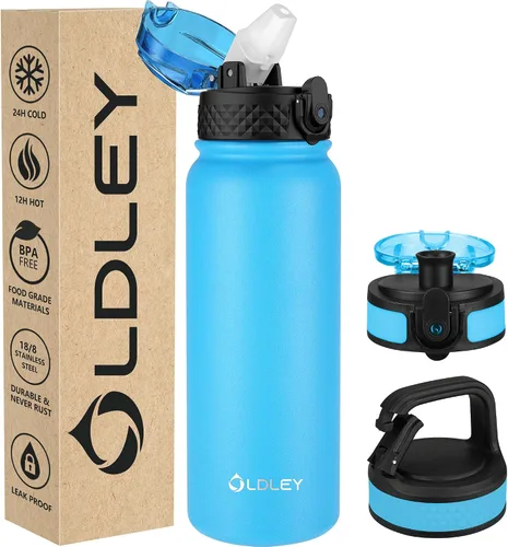 Vista 29 de Botella de agua aislada Oldley de 12 oz con pajita, botella de agua de acero inoxidable con 2 tapas, botellas de doble pared con vacío para adultos