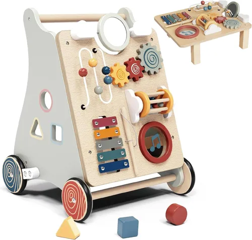 Vista 8 de Andador de madera para bebés, Montessori Push Walker para bebés de 10 a 12 Andador de bebé con centro de actividad, velocidad ajustable, juegos Verde