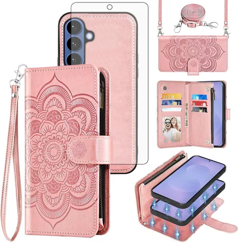 Vista 13 de Asuwish Funda de teléfono para Samsung Galaxy S26 5G con cremallera, magnética, desmontable, con protector de pantalla de vidrio templado, correa